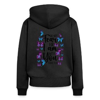 Citation de verset biblique chrétien - Sweat à capuche zippé Premium bio Femme - noir - Dos - Julia (174cm)