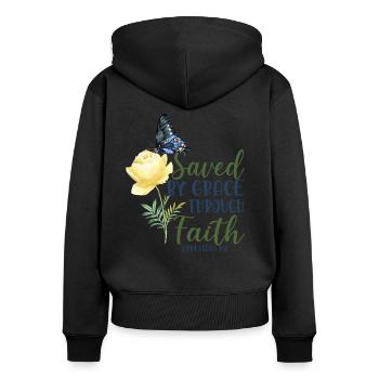 Christian Bible Verse Butterfly - Frauen Premium Bio Zip Hoodie - Schwarz - Hinten - Julia (174cm)