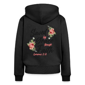 Christian Bible Verse Quote Rose - Frauen Premium Bio Zip Hoodie - Schwarz - Hinten - Julia (174cm)