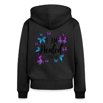 Christian Bible Verse Butterfly I - Frauen Premium Bio Zip Hoodie - Schwarz - Hinten - Julia (174cm)
