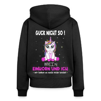 Guck nicht so - witziger Einhorn Spruch - Frauen Premium Bio Zip Hoodie - Schwarz - Hinten - Julia (174cm)