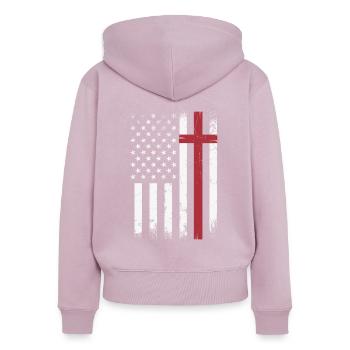 Christian Distressed USA Flag Cross Faith - Sweat à capuche zippé Premium bio Femme - rose poudré - Dos - Julia (174cm)