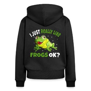 Kröte I just really like Frogs ok? Frosch Motiv - Frauen Premium Bio Zip Hoodie - Schwarz - Hinten - Julia (174cm)