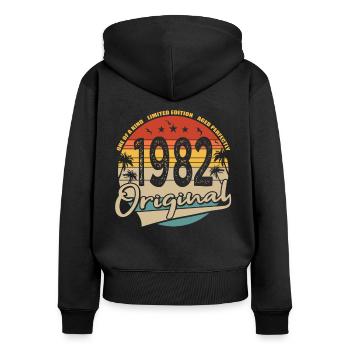 40e anniversaire né en 1982 Original 1982 - Sweat à capuche zippé Premium bio Femme - noir - Dos - Julia (174cm)