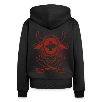 Kuhkopf mit Schweizerkreuz | Piraten Grafik - Frauen Premium Bio Zip Hoodie - Schwarz - Hinten - Julia (174cm)