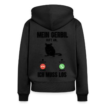 Mein Gerbil ruft an Ich muss los - Frauen Premium Bio Zip Hoodie - Schwarz - Hinten - Julia (174cm)