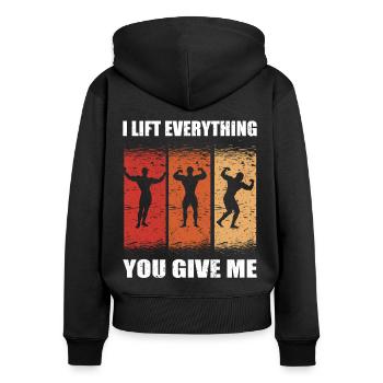 Homme fort je soulève tout ce que vous me donnez Fitness - Sweat à capuche zippé Premium bio Femme - noir - Dos - Julia (174cm)