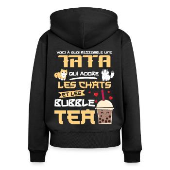 tata chats bubble tea kawaii mangas - Sweat à capuche zippé Premium bio Femme - noir - Dos - Julia (174cm)