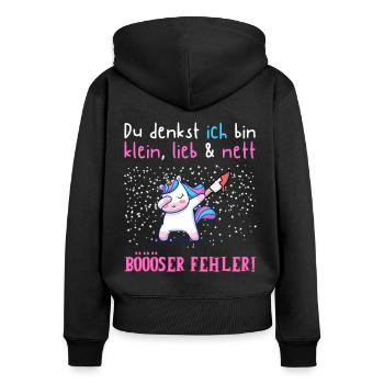 Einhorn Sarkasmus Spruch klein lieb böser Fehler - Frauen Premium Bio Zip Hoodie - Schwarz - Hinten - Julia (174cm)