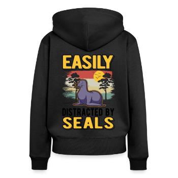Easily distracted by Seal Robbe Seelöwe - Frauen Premium Bio Zip Hoodie - Schwarz - Hinten - Julia (174cm)