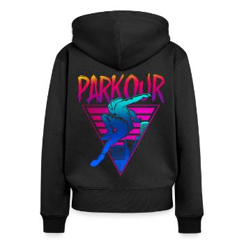 Parkour Free Running Traceur 80S - Sweat à capuche zippé Premium bio Femme - noir - Dos - Julia (174cm)