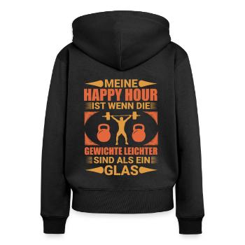 Happy Hour: Gewichte sind leichter als ein Glas - Frauen Premium Bio Zip Hoodie - Schwarz - Hinten - Julia (174cm)