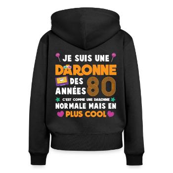 maman daronne rétro années 80 lunettes cassettes - Sweat à capuche zippé Premium bio Femme - noir - Dos - Julia (174cm)