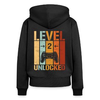 2ème anniversaire Niveau 2 débloqué - Sweat à capuche zippé Premium bio Femme - noir - Dos - Julia (174cm)