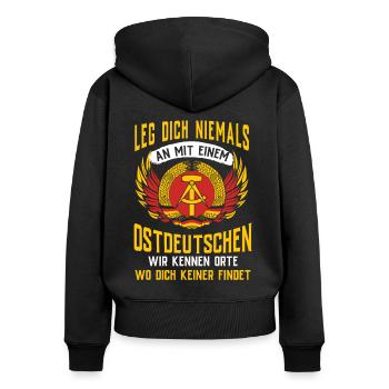 Ostdeutschland Geschenk Osten Ossi DDR Ostalgie - Frauen Premium Bio Zip Hoodie - Schwarz - Hinten - Julia (174cm)