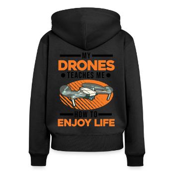 My Drones teaches me how to enjoy life - Frauen Premium Bio Zip Hoodie - Schwarz - Hinten - Julia (174cm)