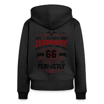 Vintage Légendaire - Vieilli parfaitement 66ème anniversaire - Sweat à capuche zippé Premium bio Femme - noir - Dos - Julia (174cm)