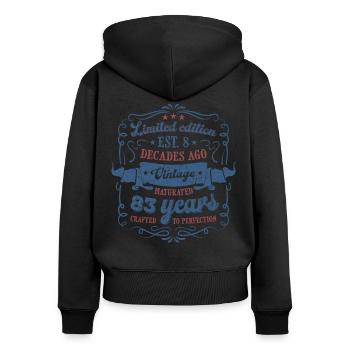 Vintage Légendaire - Vieilli parfaitement 83ème anniversaire - Sweat à capuche zippé Premium bio Femme - noir - Dos - Julia (174cm)