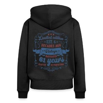 Vintage Légendaire - Vieilli parfaitement 61ème anniversaire - Sweat à capuche zippé Premium bio Femme - noir - Dos - Julia (174cm)
