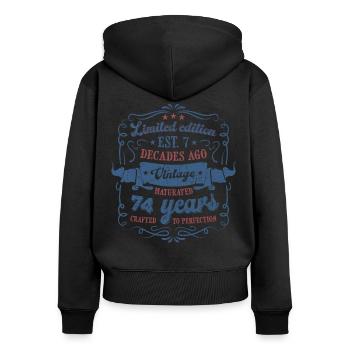 Vintage Légendaire - Vieilli parfaitement 74ème anniversaire - Sweat à capuche zippé Premium bio Femme - noir - Dos - Julia (174cm)