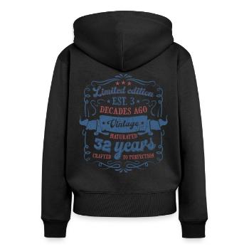 Vintage Légendaire - Vieilli parfaitement 32ème anniversaire - Sweat à capuche zippé Premium bio Femme - noir - Dos - Julia (174cm)