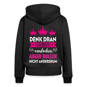 Frauen Lächeln Umdrehen Augenrollen Meme lustig - Frauen Premium Bio Zip Hoodie - Schwarz - Hinten - Julia (174cm)
