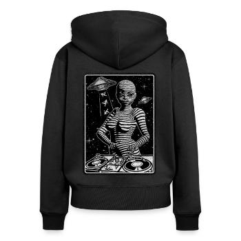 Galactic DJ in front of a mixing desk for music lovers. - Women's Premium Organic Zip Hoodie - black - Back - Julia (174cm)