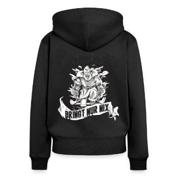 Wikinger Spruch Nett kann ich auch bringt nur nix - Frauen Premium Bio Zip Hoodie - Schwarz - Hinten - Julia (174cm)
