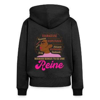 Cadeau maman bonus femme afro reine africaine - Sweat à capuche zippé Premium bio Femme - noir - Dos - Julia (174cm)