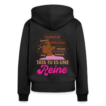 Cadeau tata femme afro reine africaine - Sweat à capuche zippé Premium bio Femme - noir - Dos - Julia (174cm)