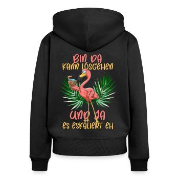 Flamingo bin da kann losgehen ja es eskaliert eh - Frauen Premium Bio Zip Hoodie - Schwarz - Hinten - Julia (174cm)