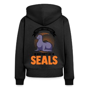 Seal Cadeau Phoque Lion de Mer - Sweat à capuche zippé Premium bio Femme - noir - Dos - Julia (174cm)
