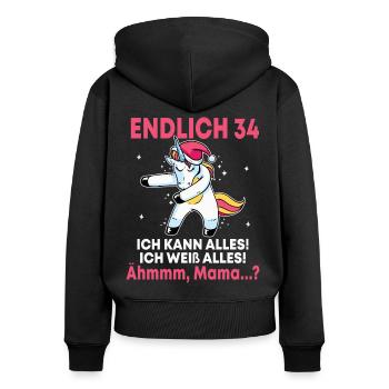 Endlich 34 Ich Kann Alles Ich Weiß Alles - Frauen Premium Bio Zip Hoodie - Schwarz - Hinten - Julia (174cm)