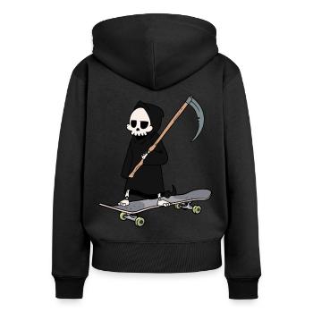 Skateboard sportlicher Sensenmann Tod Sense Horror - Frauen Premium Bio Zip Hoodie - Schwarz - Hinten - Julia (174cm)