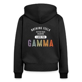 Je t’aime Gamma - Grand-mère maman - Sweat à capuche zippé Premium bio Femme - noir - Dos - Julia (174cm)