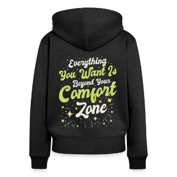 Bedeutungsvolles Wissen Motivator Komfortzone - Frauen Premium Bio Zip Hoodie - Schwarz - Hinten - Julia (174cm)