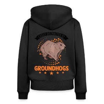 Easily distracted by Groundhogs Marmot Murmeltier - Frauen Premium Bio Zip Hoodie - Schwarz - Hinten - Julia (174cm)