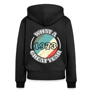 50. Geburtstag Jahrgang 1973 Great Year 1973 - Frauen Premium Bio Zip Hoodie - Schwarz - Hinten - Julia (174cm)