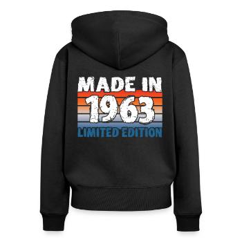 60e anniversaire Made in 1963 Edition limitée - Sweat à capuche zippé Premium bio Femme - noir - Dos - Julia (174cm)