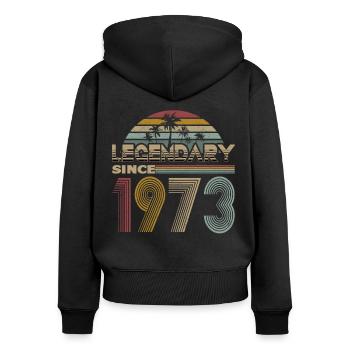 50. Geburtstag Jahrgang 1973 Legendary Since 1973 - Frauen Premium Bio Zip Hoodie - Schwarz - Hinten - Julia (174cm)