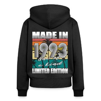 30e anniversaire Made in 1993 édition limitée - Sweat à capuche zippé Premium bio Femme - noir - Dos - Julia (174cm)