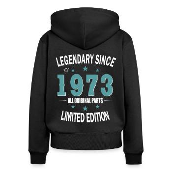 50. Geburtstag Jahrgang 1973 Legendary Since 1973 - Frauen Premium Bio Zip Hoodie - Schwarz - Hinten - Julia (174cm)