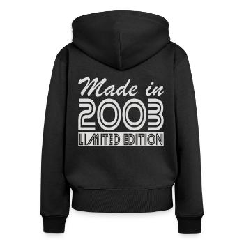 20e anniversaire Né en 2003 Fabriqué en 2003 - Sweat à capuche zippé Premium bio Femme - noir - Dos - Julia (174cm)