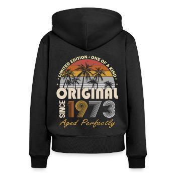 50e anniversaire né en 1973 Original depuis 1973 - Sweat à capuche zippé Premium bio Femme - noir - Dos - Julia (174cm)