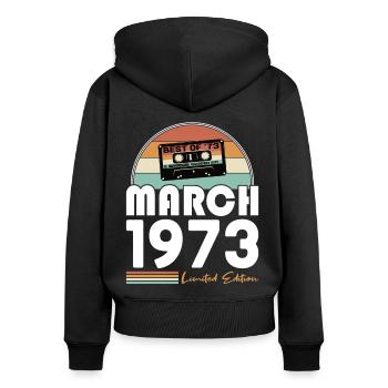 50e anniversaire Né en 1973 Best of Mars 1973 - Sweat à capuche zippé Premium bio Femme - noir - Dos - Julia (174cm)