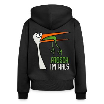 Storch mit Frosch im Hals - Frauen Premium Bio Zip Hoodie - Schwarz - Hinten - Julia (174cm)