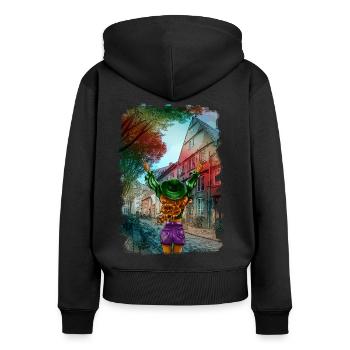 Mme Illustration Vieille Ville - Sweat à capuche zippé Premium bio Femme - noir - Dos - Julia (174cm)
