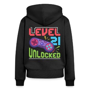 Level 21 unlocked - Frauen Premium Bio Zip Hoodie - Schwarz - Hinten - Julia (174cm)