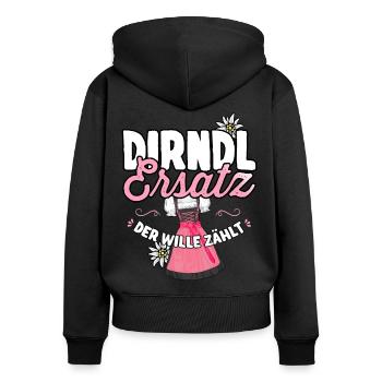 Tracht Ersatz Dirndl Shirt Damen Trachtenshirt - Frauen Premium Bio Zip Hoodie - Schwarz - Hinten - Julia (174cm)