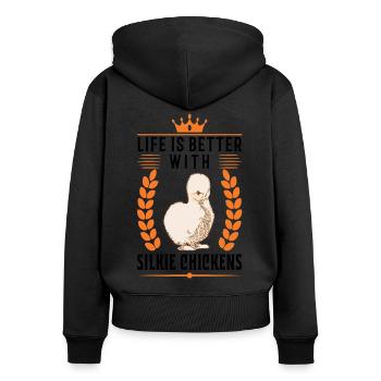 La vie est meilleure avec un poulet en soie - Sweat à capuche zippé Premium bio Femme - noir - Dos - Julia (174cm)